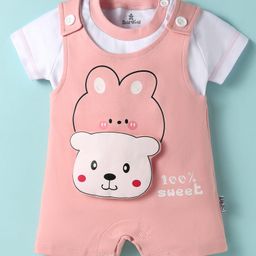 Child World Interlock Dungaree Style Romper & Half Sleeves T-Shirt With Animal Print & Applique - Light Red-image-17