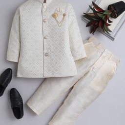 Ahhaaaa Jacquard Full Sleeves Threadwork Embroidered Sequins Embellished Indo Western Style Sherwani Pant Set - Beige-image-50