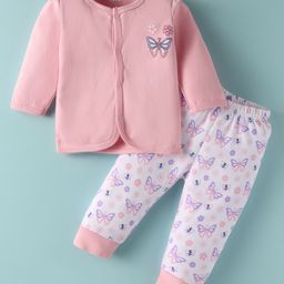 BUMZEE Cotton Knit Full Sleeves Nightsuit with Butterfly Print - Pink & White-picture-7