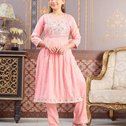 Aarika Cotton Three Fourth Sleeves Floral Embroidered Kurta Pant Set - Peach-image-69