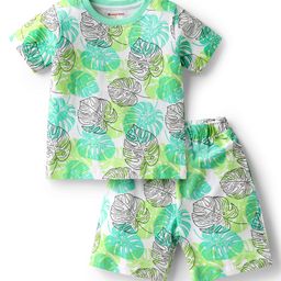 Kookie Kids Single Jersey Knit Half Sleeves Shorts Co-Ord Night Suit With Leaf Print - White-image-58