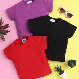 Knitting Doodles Pure Cotton Pack Of 3 Half Sleeves Solid Tees - Black Red & Purple-image-84