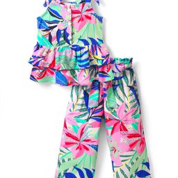 CrayonFlakes Rayon Knit Sleeveless Floral Printed Bow Applique Detailed Coordinating Top & Palazzo Set - Off White-image-79