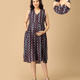 The Mom Store Cotton Sleeveless Chevron Printed Maternity Dress With Nursing Access - Blue-image-74