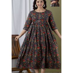 NEVISHA STYLE Cotton Woven Three Fourth Sleeves Floral Printed Maternity Kurta With Side Zipper Nursing Access - Blue-image-95