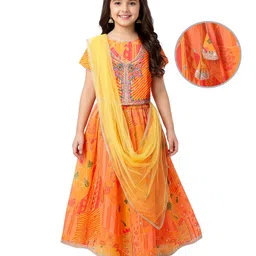 Pine Kids Woven Half Sleeves Striped Choli Lehenga Set with Dupatta Floral Print & Embroidery - Orange-picture-21