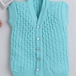 Little Angels Woollen Knitted Sleeveless Self Designed Cardigan - Green-image-64