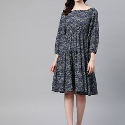 Cottinfab Printed Square Neck Puff Sleeves Crepe Dress With Tie-Ups Detail-picture-11