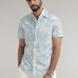 ANDAMEN Light Blue Slim Fit Printed Cotton Shirt-image-87