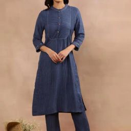 W Blue Striped Kurta Pant Set-image-74