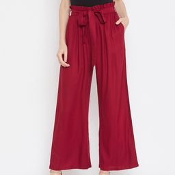 Zastraa Women Maroon Solid Parallel Trousers With Belt-image-59