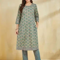 Fabindia Green Cotton Slim Fit Printed Kurta Sets-picture-2