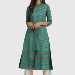YASH GALLERY Blue Cotton Printed A Line Kurta-image-11