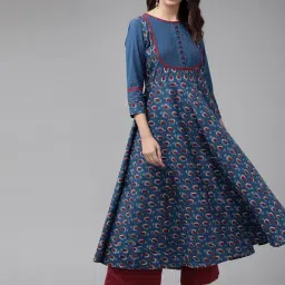 YASH GALLERY Blue Cotton Printed A Line Kurta-picture-19