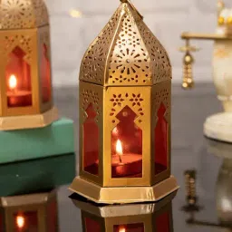 Homesake Antique Red Metal Moroccan Lantern Candle Holder - Set of 2-4