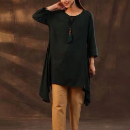 Juniper Jade Green Solid Rayon Slub Asymmetric Women Kurta With Tie-Ups-image-68