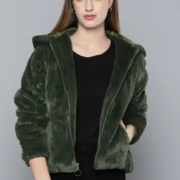 Chemistry Women Olive Green Solid Fur Sherpa Jacket-image-53