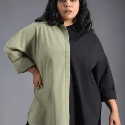 High Star Black & Olive Cotton Color-Block Oversized Shirt-image-39