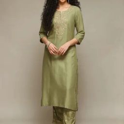 Biba Sape Green Plain Kurta With Pant Set-image-1