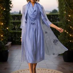Marigold Lane Blue Embroidered A-Line Dress With Stole-image-3