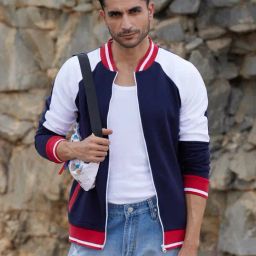 Campus Sutra Blue Cotton Regular Fit Colour Block Bomber Jacket-image-91