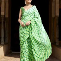 Geroo Jaipur Green Pure Tussar Silk Hand-Dyed Leheriya Saree-image-61