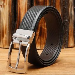Louis Stitch Black Textured Leather Reversible Belt for Men-image-98