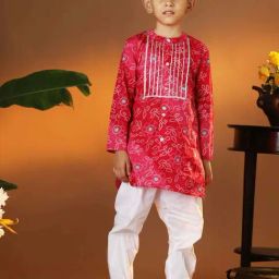 VASTRAMAY Boys Red & White Cotton Printed Full Sleeves Kurta Sets-picture-5