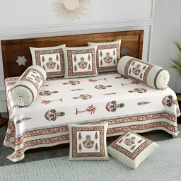 Myntra Elegant Homes Set Of 8 White & Purple Printed Cotton Diwan Set-69