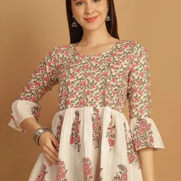 Merira Women Floral Jaipuri Printed Gathered or Pleated Round Neck Cotton Empire Top-53