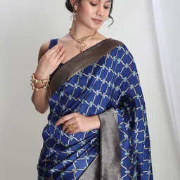 Janasya Ethnic Motifs Zari Woven Design Banarasi Saree with Blouse Piece-image-46