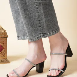 ZENVO Strapy Embellished Open Toe Block Heels image 1