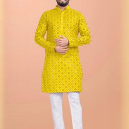 Shree Sundha Men Embroidered, Embellished Straight Kurta (Yellow)-picture-11