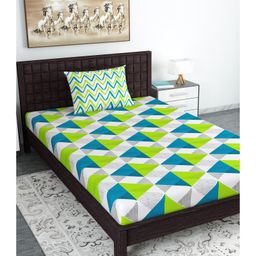 Divine Casa Geometric Blend Cotton Single Bedsheet with 1 Pillow Cover - A Lime Teal & Off White-11