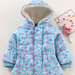Babyhug Full Sleeves Hooded Heavy Winter Jacket Floral Print - Blue-picture-15