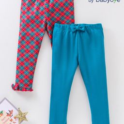 Babyoye Cotton Eco Consious Full Length Checks & Solid Leggings Pack Of 2 - Multicolour-image-8