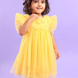Babyhug Half Flutter Sleeves Mesh Solid Color Party Frock Corsage Detailing - Yellow-image-19