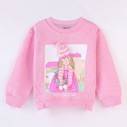 Little Kangaroos Fleece Full Sleeves Drop Shoulder Sweatshirt with Girl Print - Ballet Pink-image-74