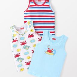 Babyhug 100% Cotton Sleeveless Sandos Crab Print Pack of 3 - Blue & White-image-65