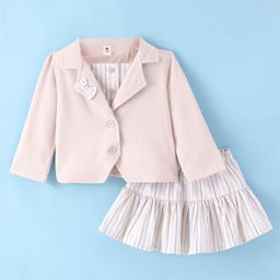 ToffyHouse 100% Woven Cotton Full Sleeves Jacket Style Top With Striped Skirt - Beige-image-87