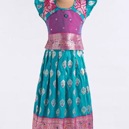 Bhartiya Paridhan Silk Woven Frill Sleeves Printed Choli Lehenga Set - Turquoise & Pink-image-84