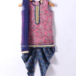 Saka Designs Cotton Woven Sleeveless Floral Printed Kurta Patiala Set with Dupatta & Lace Detailing - Navy Blue-picture-27