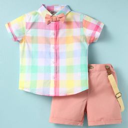 ToffyHouse Poplin Woven Half Sleeves Checks Shirt & Shorts With Bow & Suspender - Multicolor-image-89