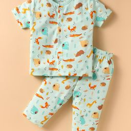 Child World Interlock Knit Half Sleeves Night Suit with Jungle Theme Print - Turquoise-image-56