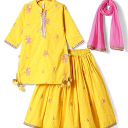 Babyhug Woven Three Fourth Sleeves Chanderi Embroidered Long Choli With Lehenga And Dupatta Set With Floral Embroidery - Yellow-picture-5