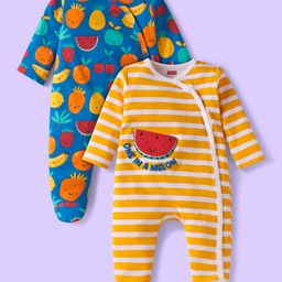 Babyhug Cotton Knit Full Sleeves Footed Sleep Suits with Fruits Print & Stripes Pack of 2 - Navy Blue & Yellow-image-63