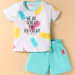 Doreme Single Jersey Knit Half Sleeves Shorts Night Suit With We All Scream For Ice - Cream Text Print- Aqua Blue & White-image-26