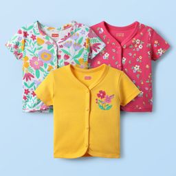 Babyhug 100% Cotton Interlock Knit Front Open Half Sleeves Antibacterial Vests With Floral Print Pack Of 3 - Yellow Pink & White-image-15