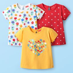 Babyhug 100% Cotton Knit Half Sleeves T-Shirts with Floral & Polka Dots Print Pack of 3 - Red Yellow & White-26