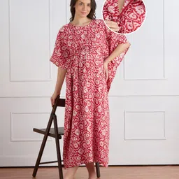 Bella Mama Cotton Woven Half Sleeves Maternity Nursing Kaftan Style Nighty with Floral Print - Red-picture-7